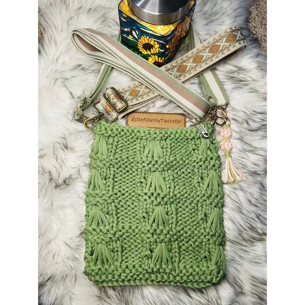 Hand Knit Avocado Green Crossbody Bag: T-Shirt Yarn Purse with Guitar Strap
